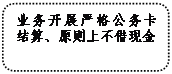 圓角矩形: 業(yè)務(wù)開展嚴(yán)格公務(wù)卡結(jié)算、原則上不借現(xiàn)金